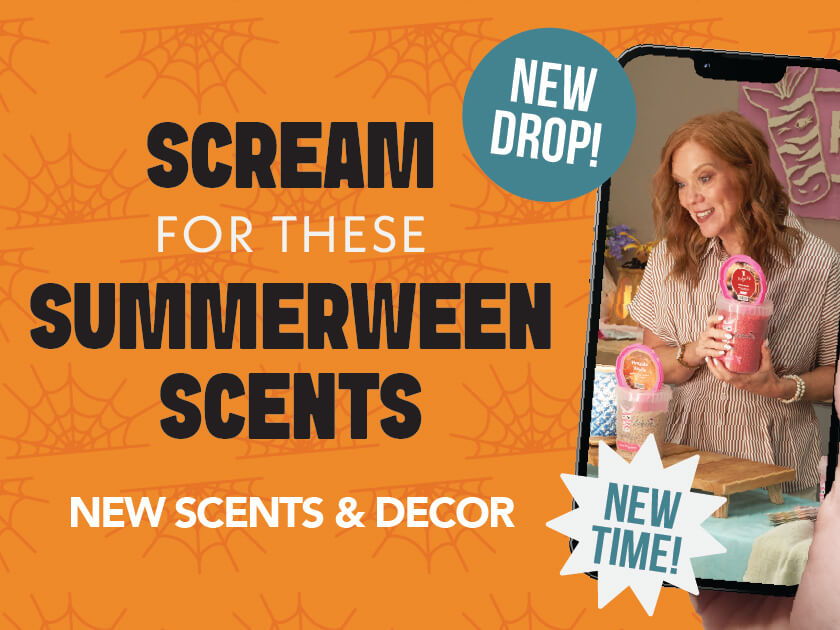 Promotional image for Summerween scents and decor featuring a smiling woman.
