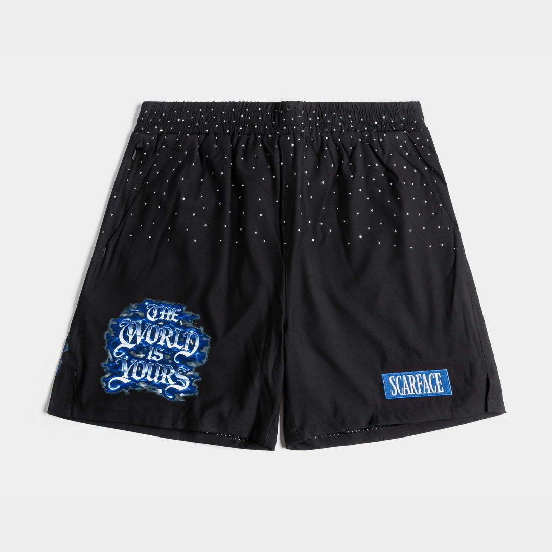 Black shorts with blue graphic designs and text on the sides.