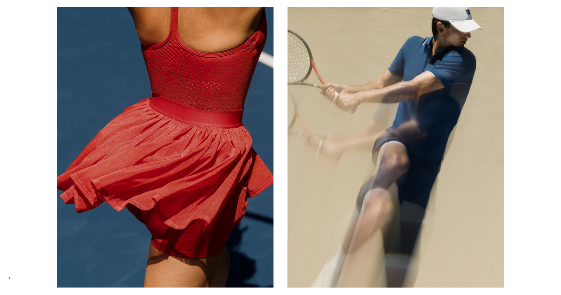 Tennis players in action, one in a red dress and one in a blue outfit.
