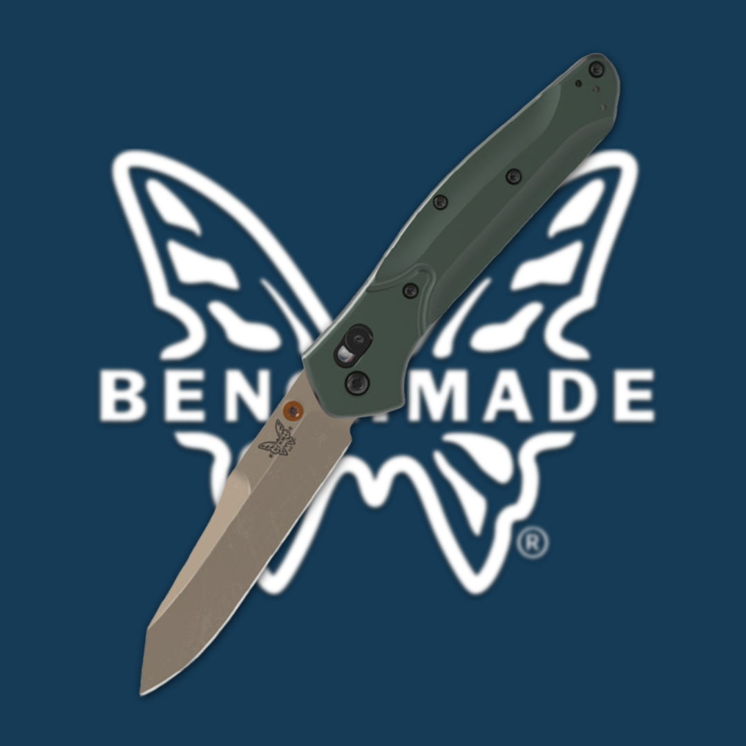 Folding knife with green handle against a butterfly logo background.