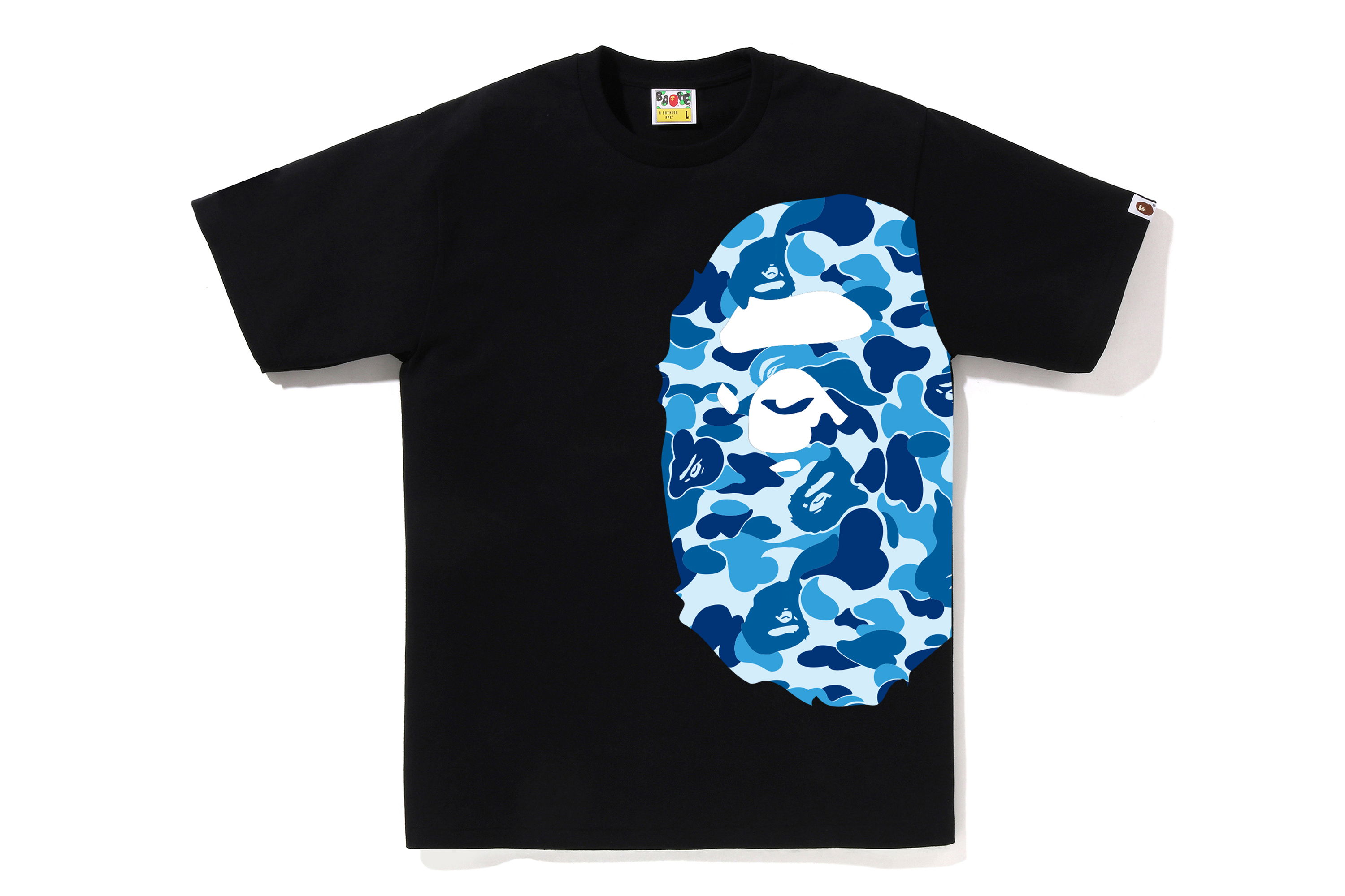 Black t-shirt featuring blue camouflage design of a gorilla face.
