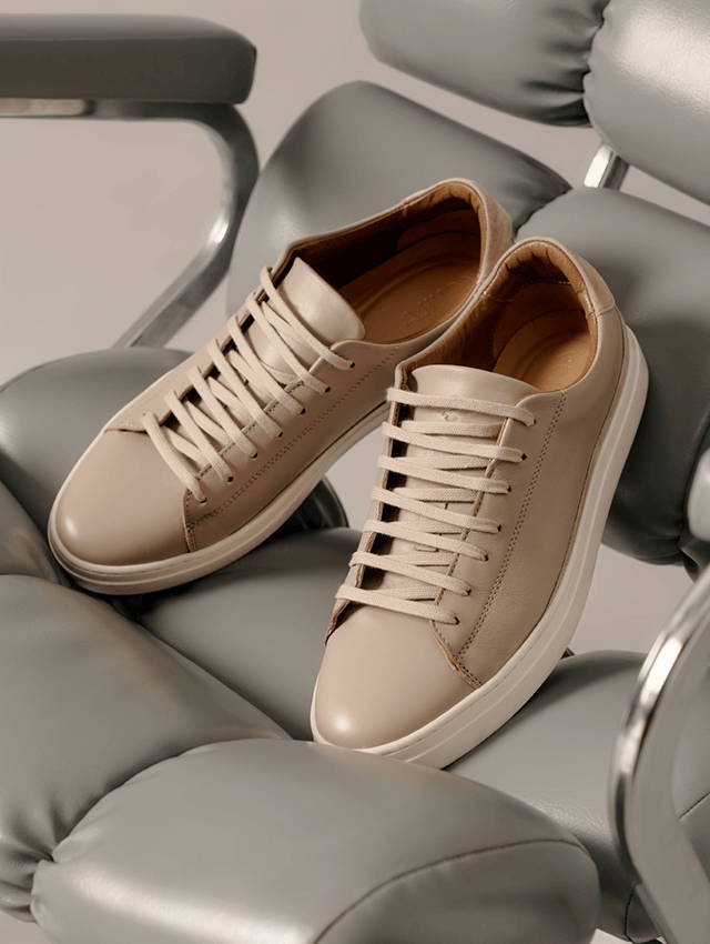 The Perry Taupe Sneakers on a Grey Office Chair