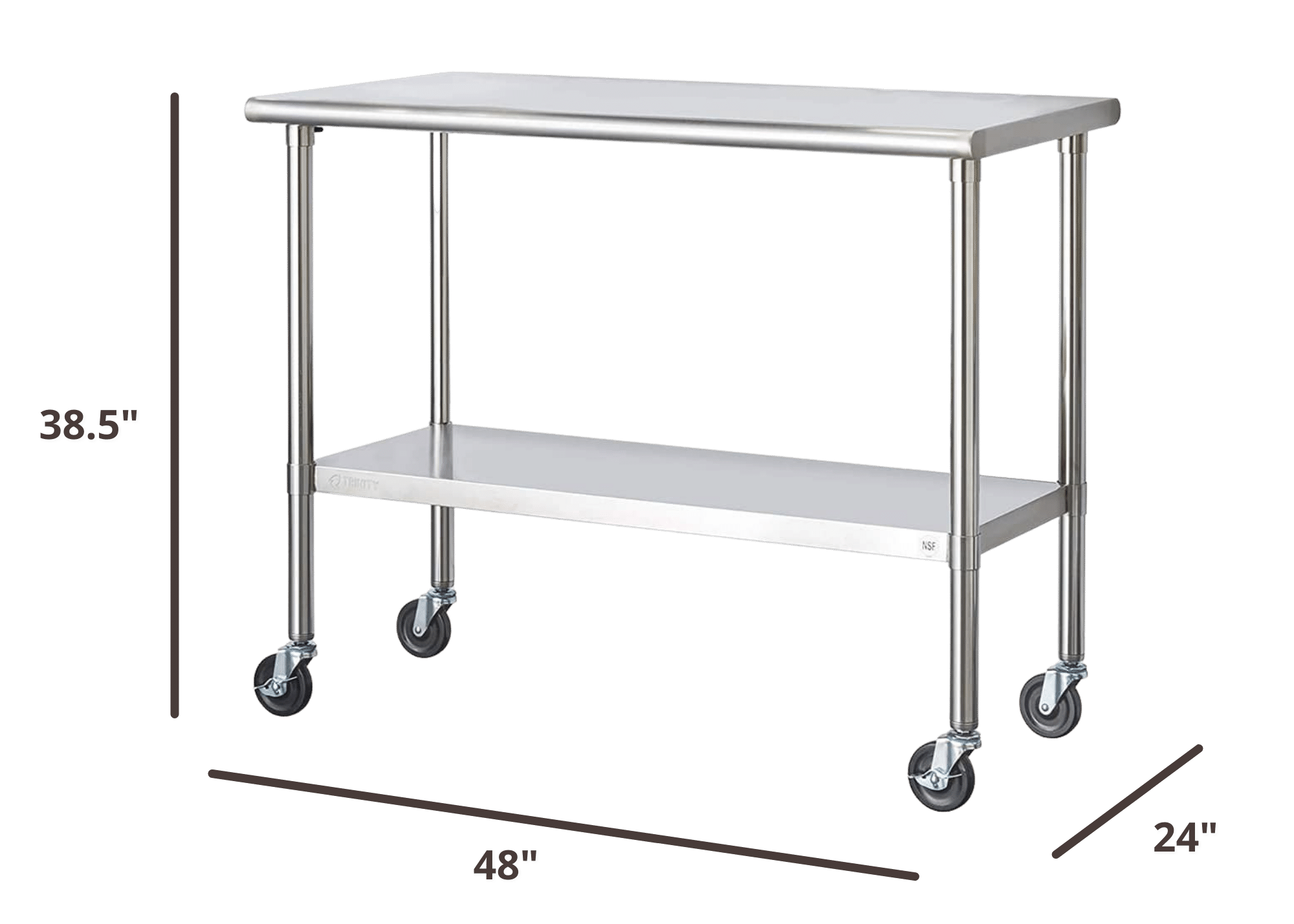 48 inches wide by 24 inches deep stainless steel prep table with wheels