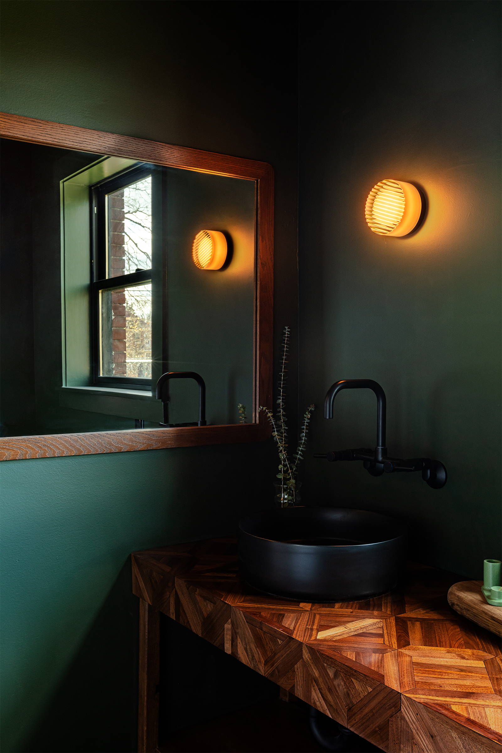 Image of bathroom interior design, featuring a modern  vanity designed by Woodward Throwbacks out of reclaimed parquet flooring.