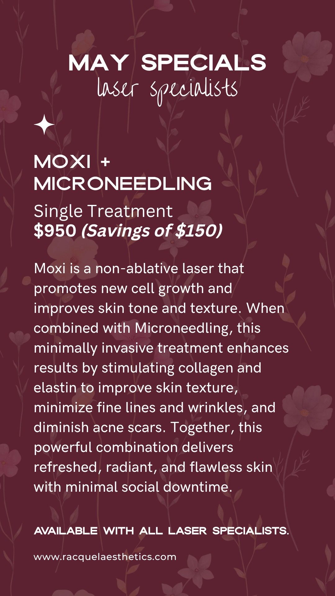 Promotional flyer for Moxi and microneedling treatment details and pricing.