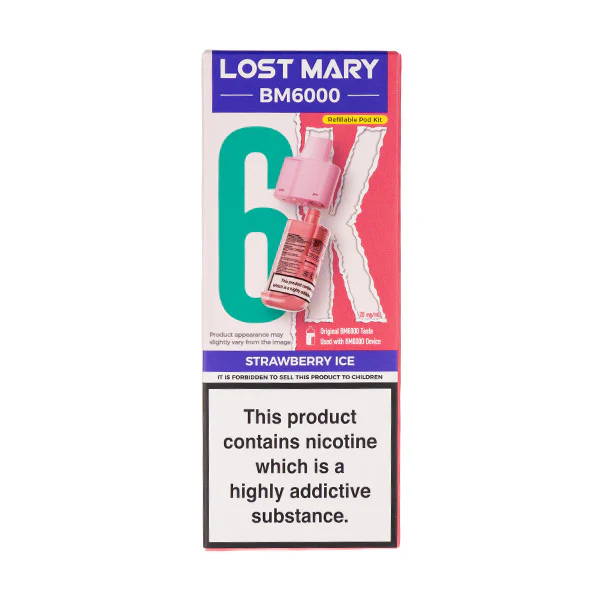 Lost Mary BM6000 vape packaging with warning about nicotine addiction.