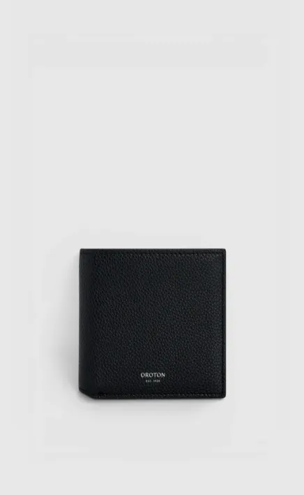 Black wallet placed on a light gray background.