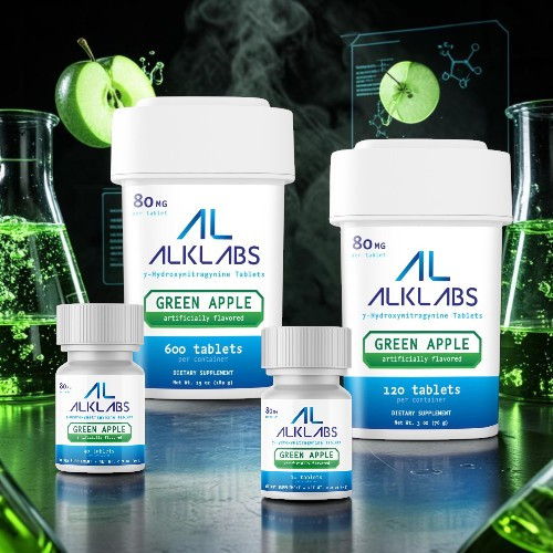 Bottles of ALKLABS Green Apple tablets with laboratory background.