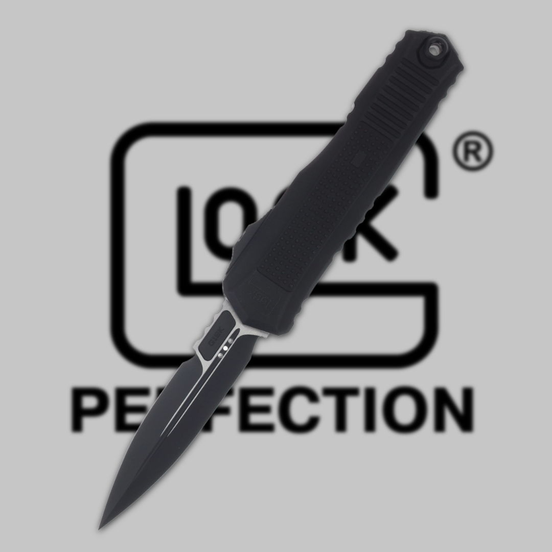 Black folding knife with logo and text 