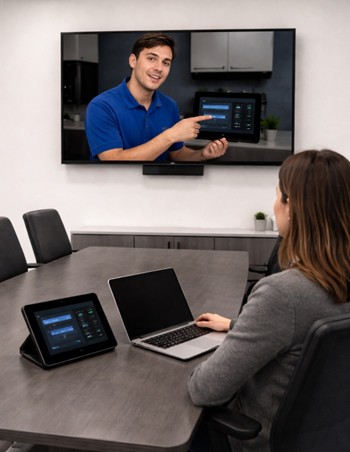AVAILS conference room support — technician on display, end user at laptop and tablet