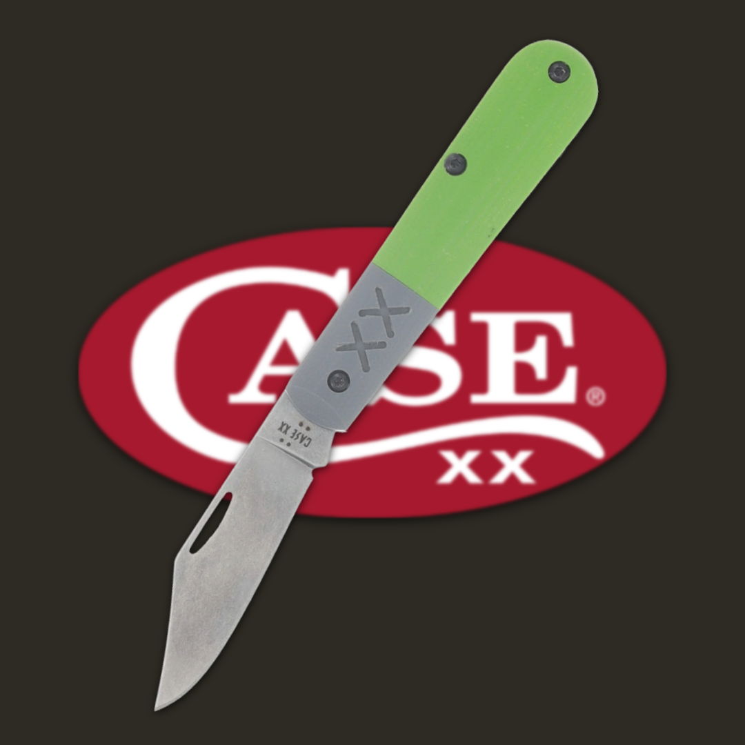 Green-handled knife with a blade, set against a red CASE logo background.