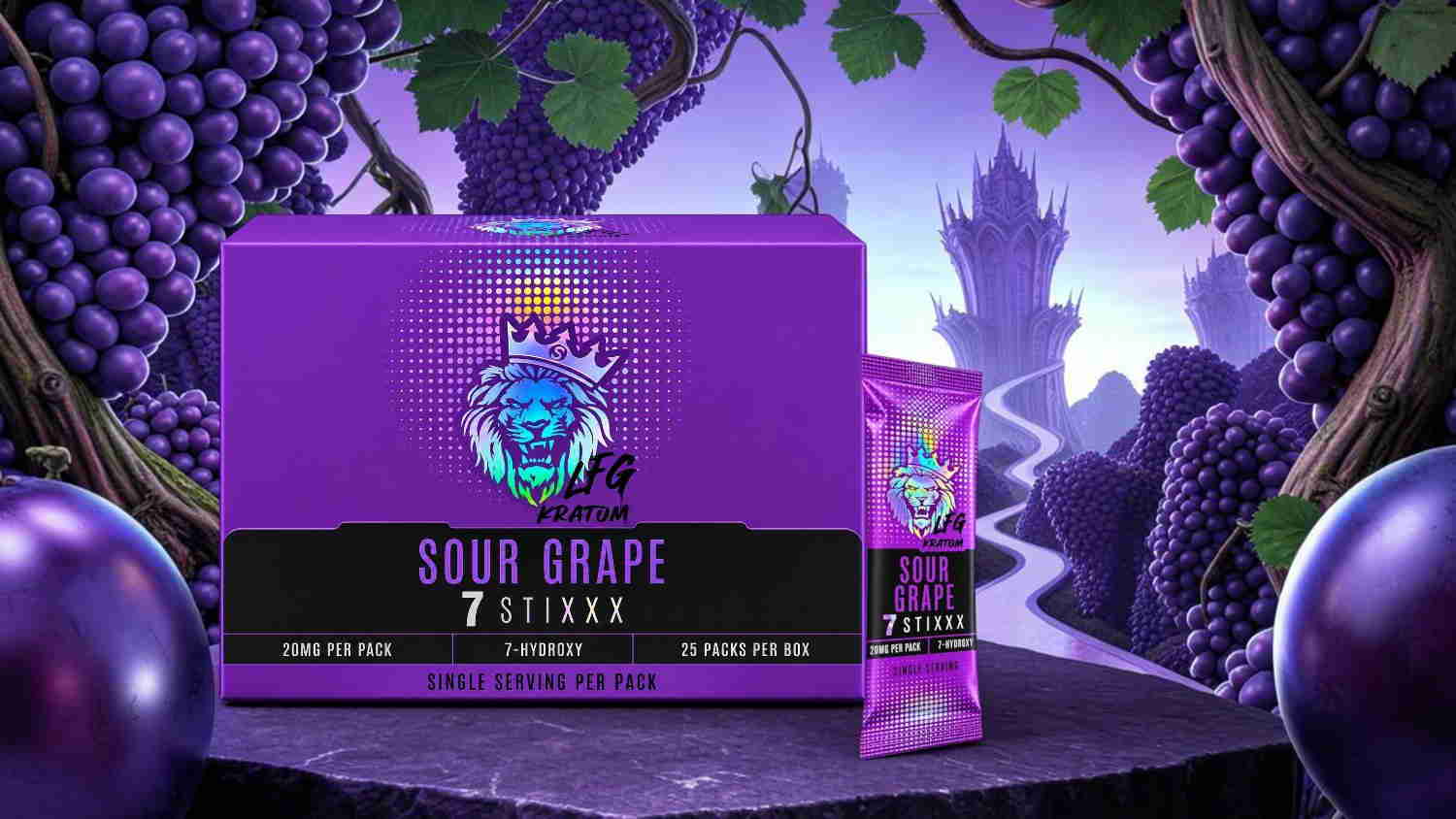Purple grape-flavored product packaging with grapes in the background.