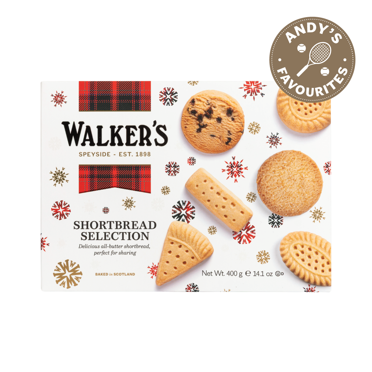 Walker's shortbread selection box with various cookie types and festive design.