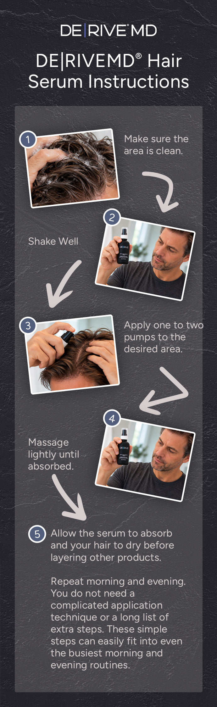 DE|RIVE®MD Hair Support Serum application instructions.