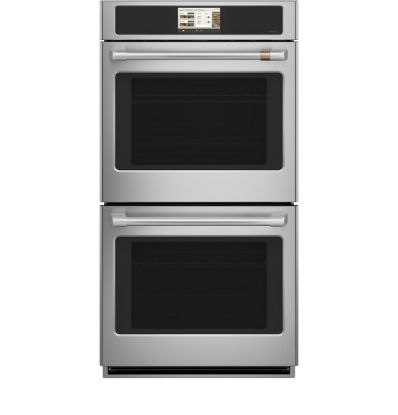A modern stainless steel double oven with digital controls.