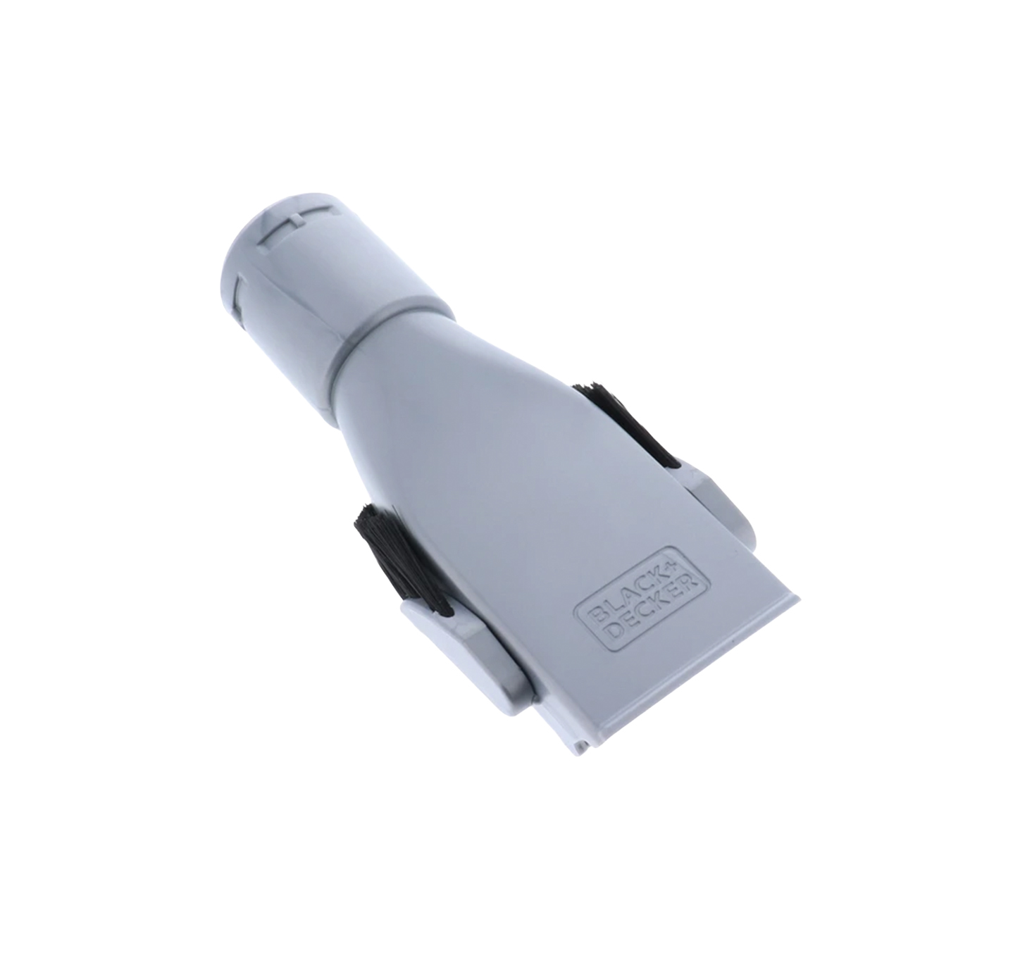 Gray nozzle attachment with black clips for a vacuum cleaner.