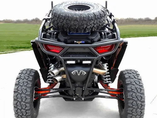 Rear view symmetrical spare tire red LED taillights orange suspension arms stainless exhaust tips KJ Motorsports Polaris RZR Conductor's Special 244 Nightmare Edition gallery photo 2