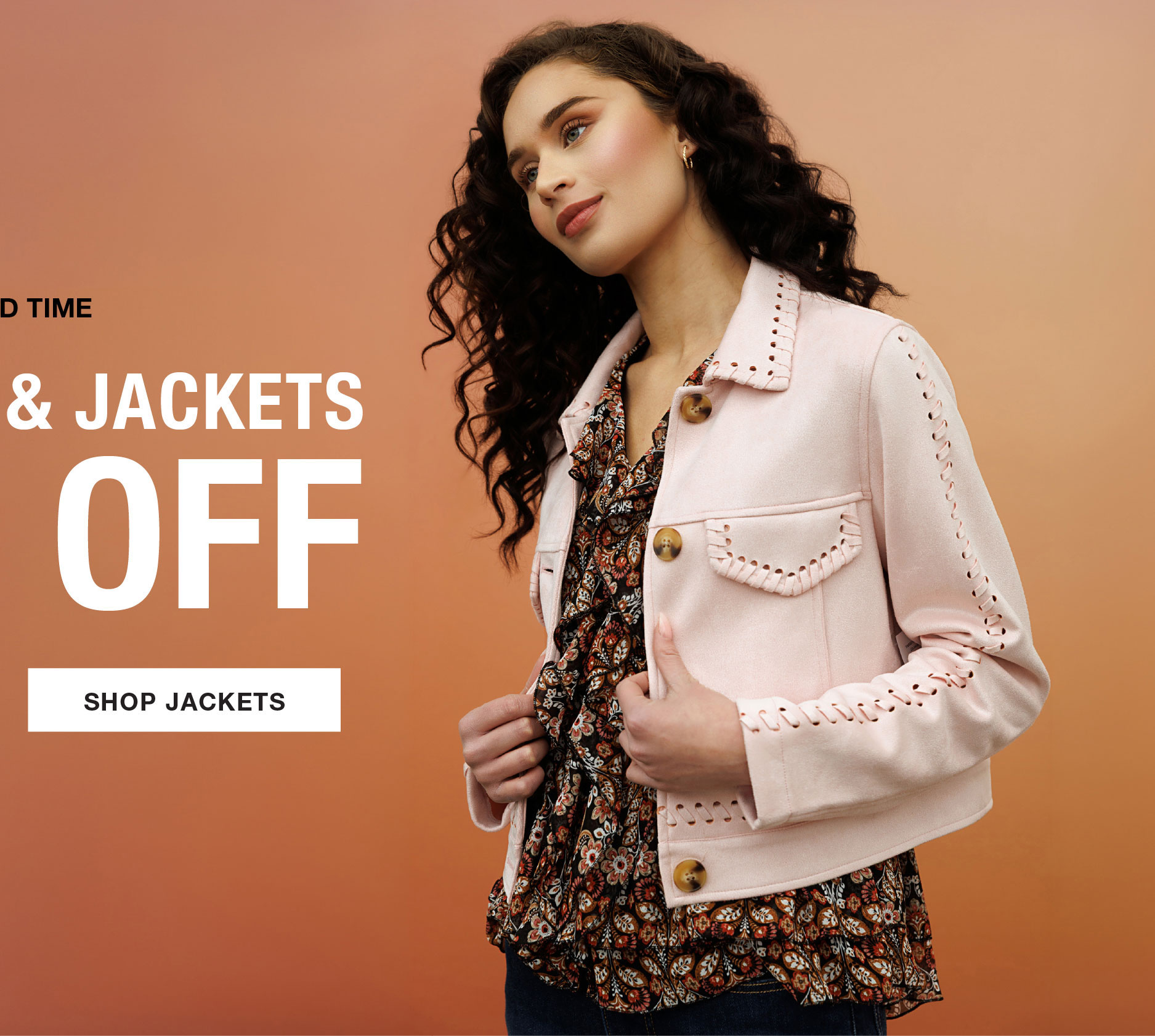 Model wearing a pink jacket with curly hair against a gradient background.