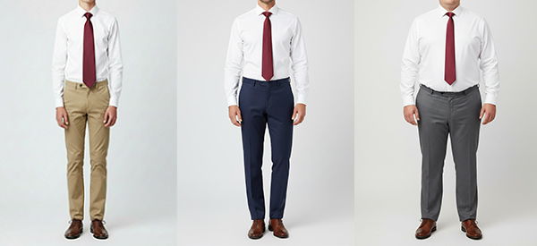 Same burgundy necktie shown on three different body types, including a teen, average man and fuller figured man