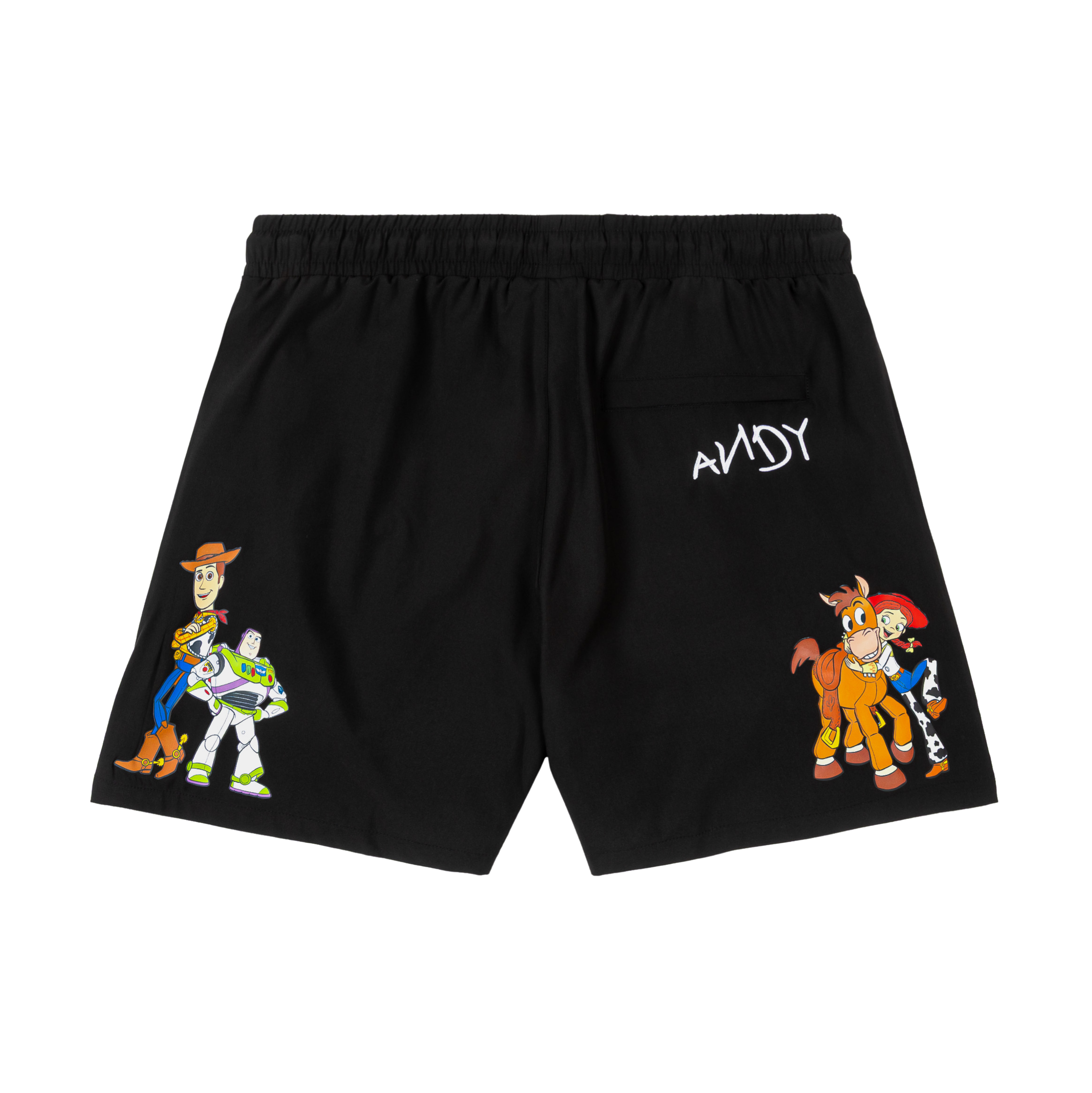 Black shorts with Toy Story character designs and logo.