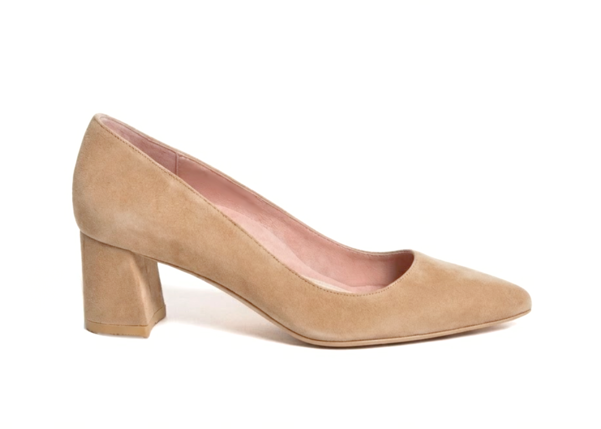 Beige suede high-heeled shoe with a block heel.