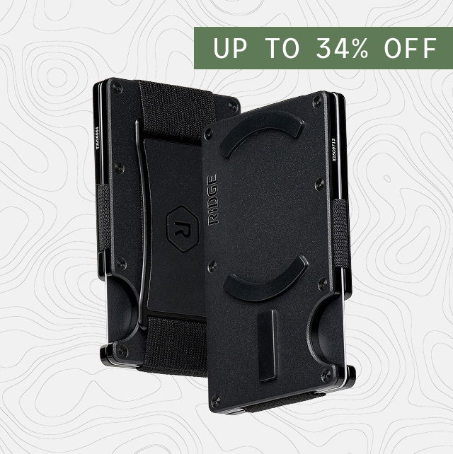 Black wallet with discount text overlay.