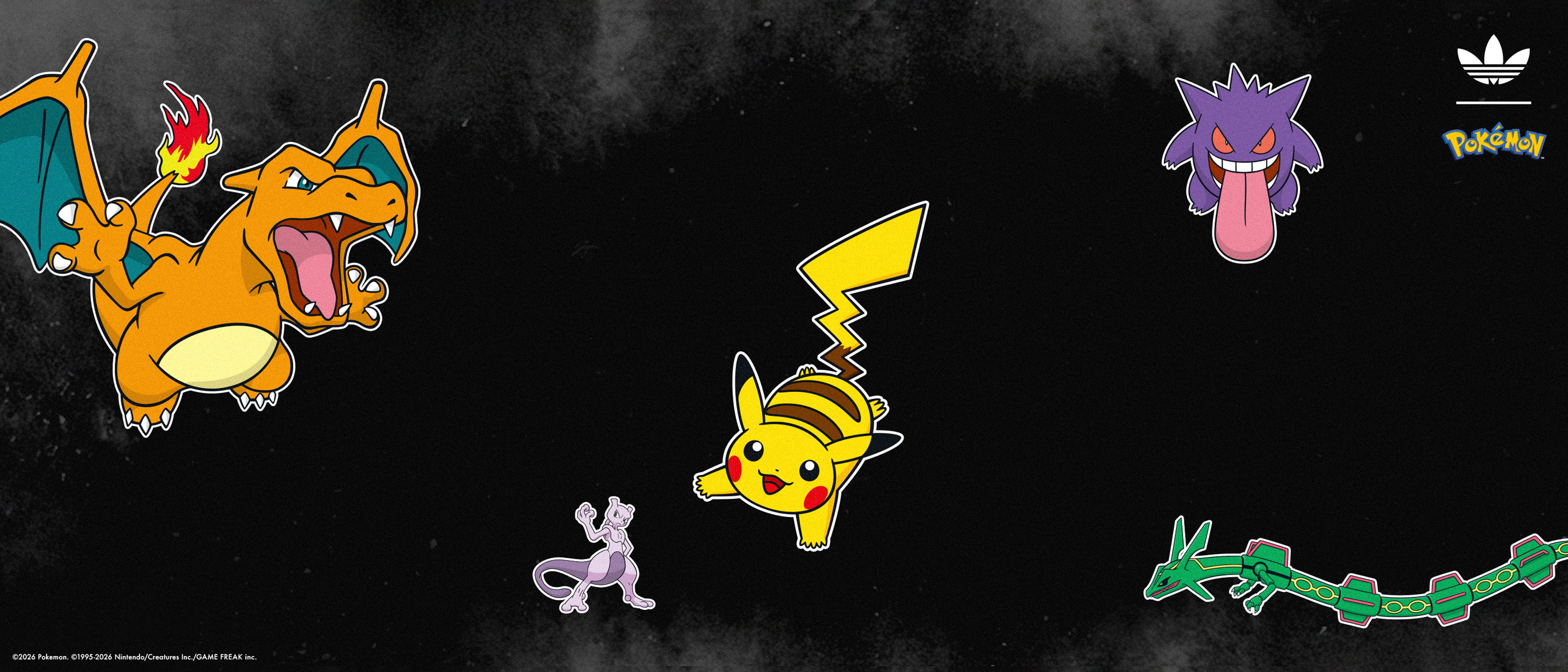 Colorful Pokémon characters on a dark background with Adidas logo.