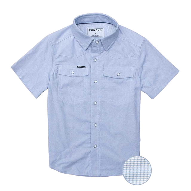 Light blue short-sleeve button-up shirt with two front pockets.