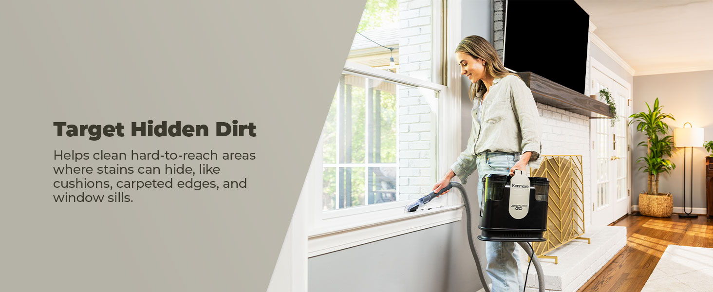 A woman cleans a window sill with the Spotlite GO. Text about targeting hidden dirt.