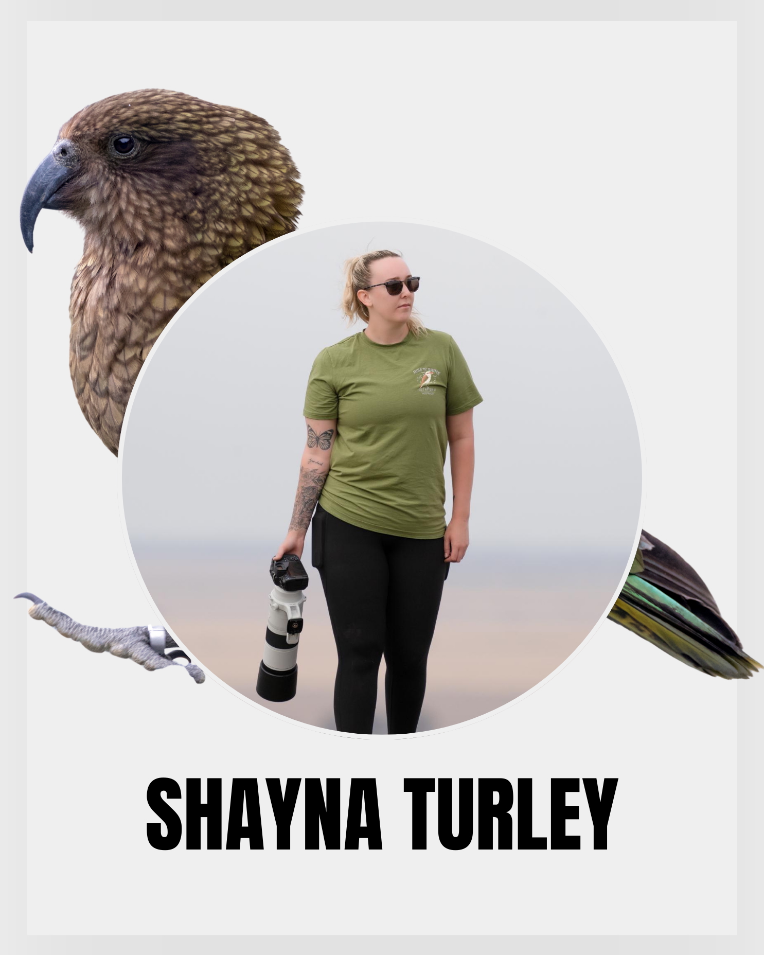 Wildlife Photographer - Shayna Turley with a New Zealand Kea bird