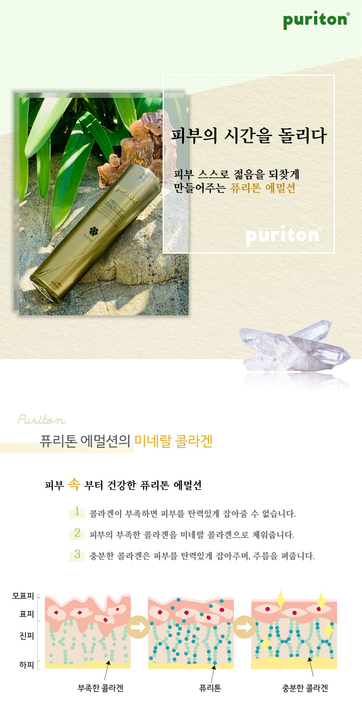 피부의 시간을 돌리다 피부 스스로 젊음을 되찾게 만들어주는 퓨리톤 에멀션 Puriton  미네랄 콜라겐 피부 속 부터 건강한 퓨리톤 에멀션 콜라겐이 부족하면 피부를 탄력있게 잡아줄 수 없습니다 피부의 부족한 콜라겐을 미네랄 콜라겐으로 체워줍니다 충분한 콜라겐은 피부를 탄력있게 잡아주며 주름을 펴줍니다 모표피 표피 진피 하피 