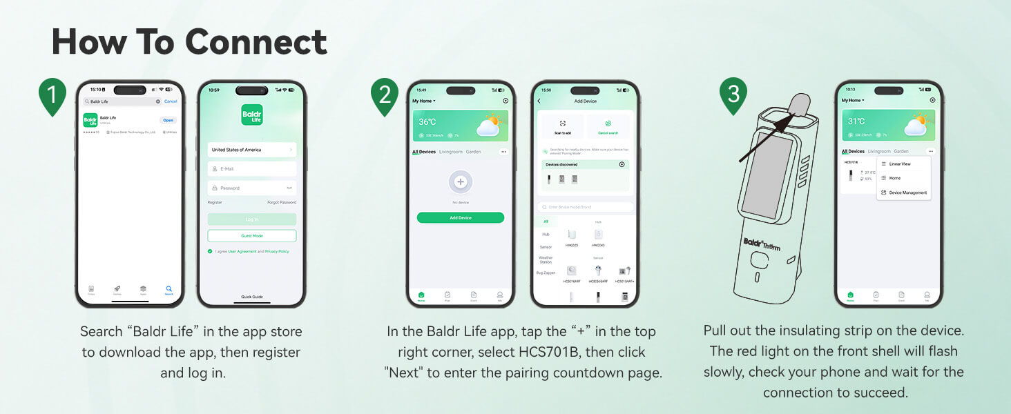 Instructions for connecting a device using a mobile app.