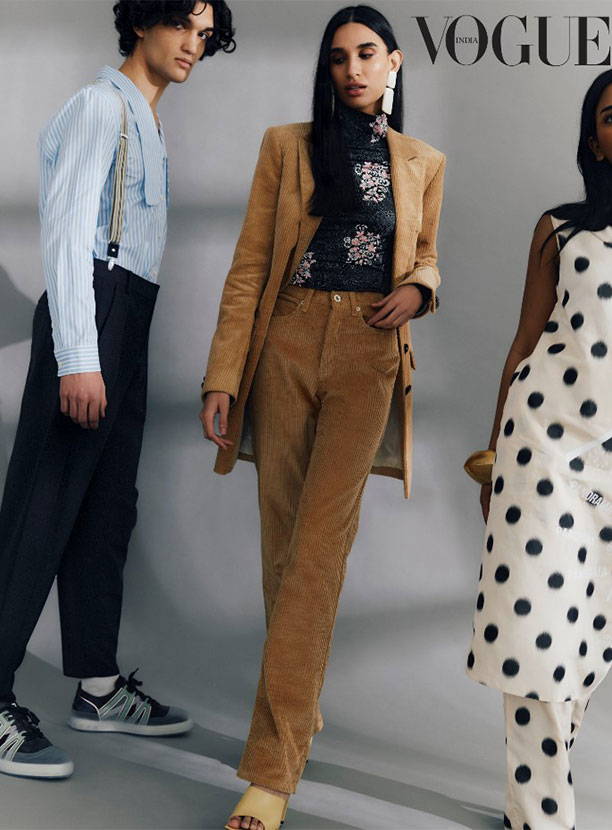 This image shows three models wearing Tibi Clothing featured in Vogue India February 2021