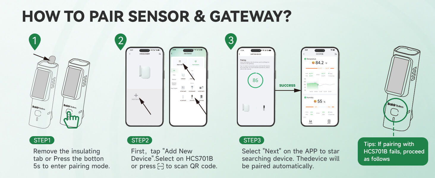 Instructions for pairing a sensor and gateway using mobile devices.