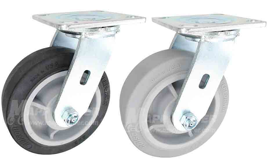 Thermoplastic Rubber plate casters that offer smooth rolling while being resisant to water, chemicals, cleaning solutions, oil & grease. Great for janitorial & outdoor applications
