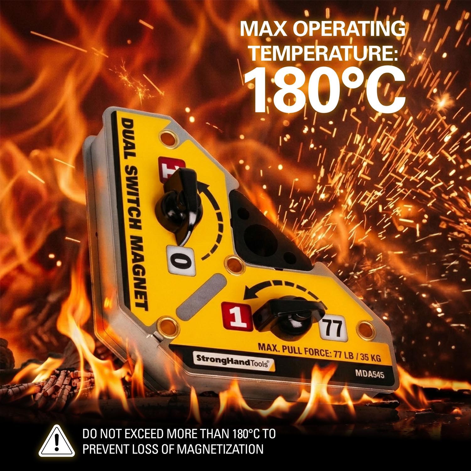 Magnet device with temperature warning and safety instructions against overheating.