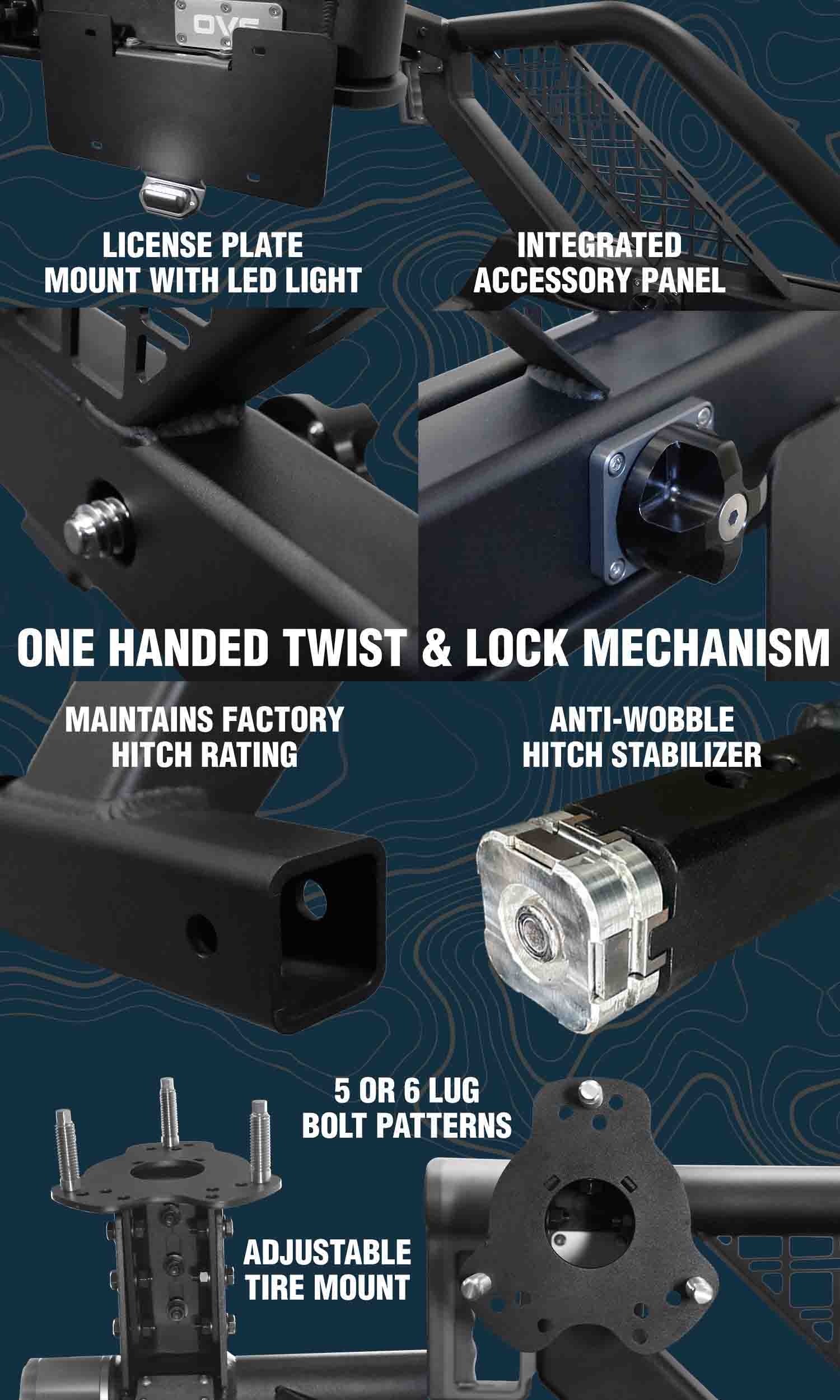 Product features and specifications for a hitch accessory system.