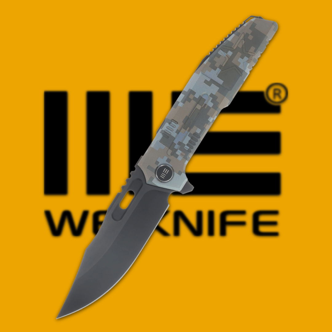 Knife with a camo handle against a yellow background featuring a logo.