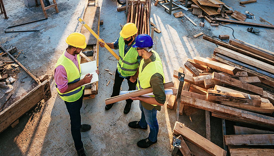 close up security camera angle of construction workers talking