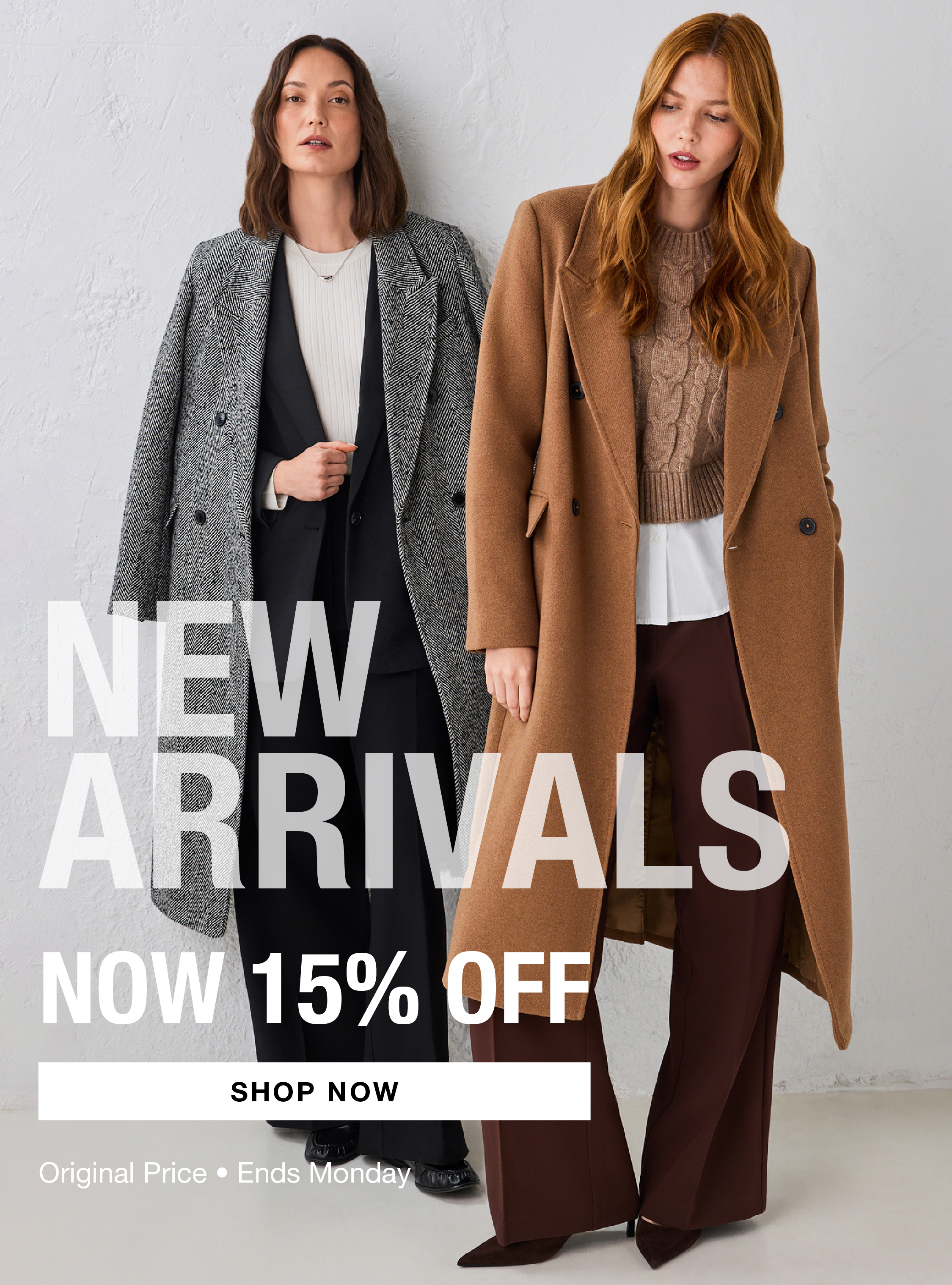 Two women modeling winter coats with promotional text for new arrivals.