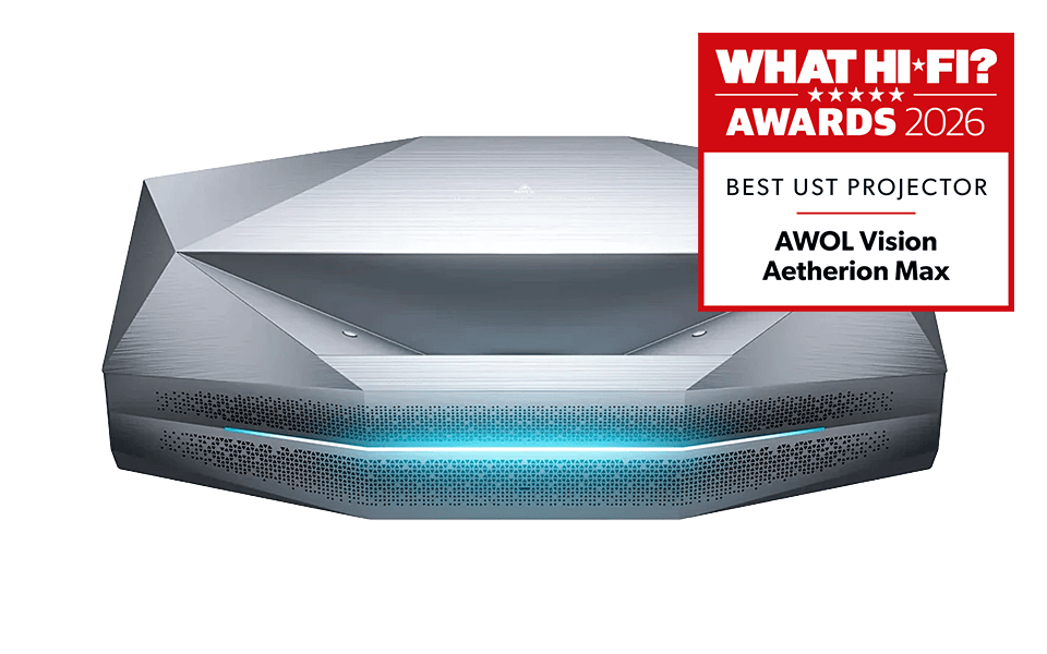 AWOL Vision Authorion Max projector with What Hi-Fi? award badge.