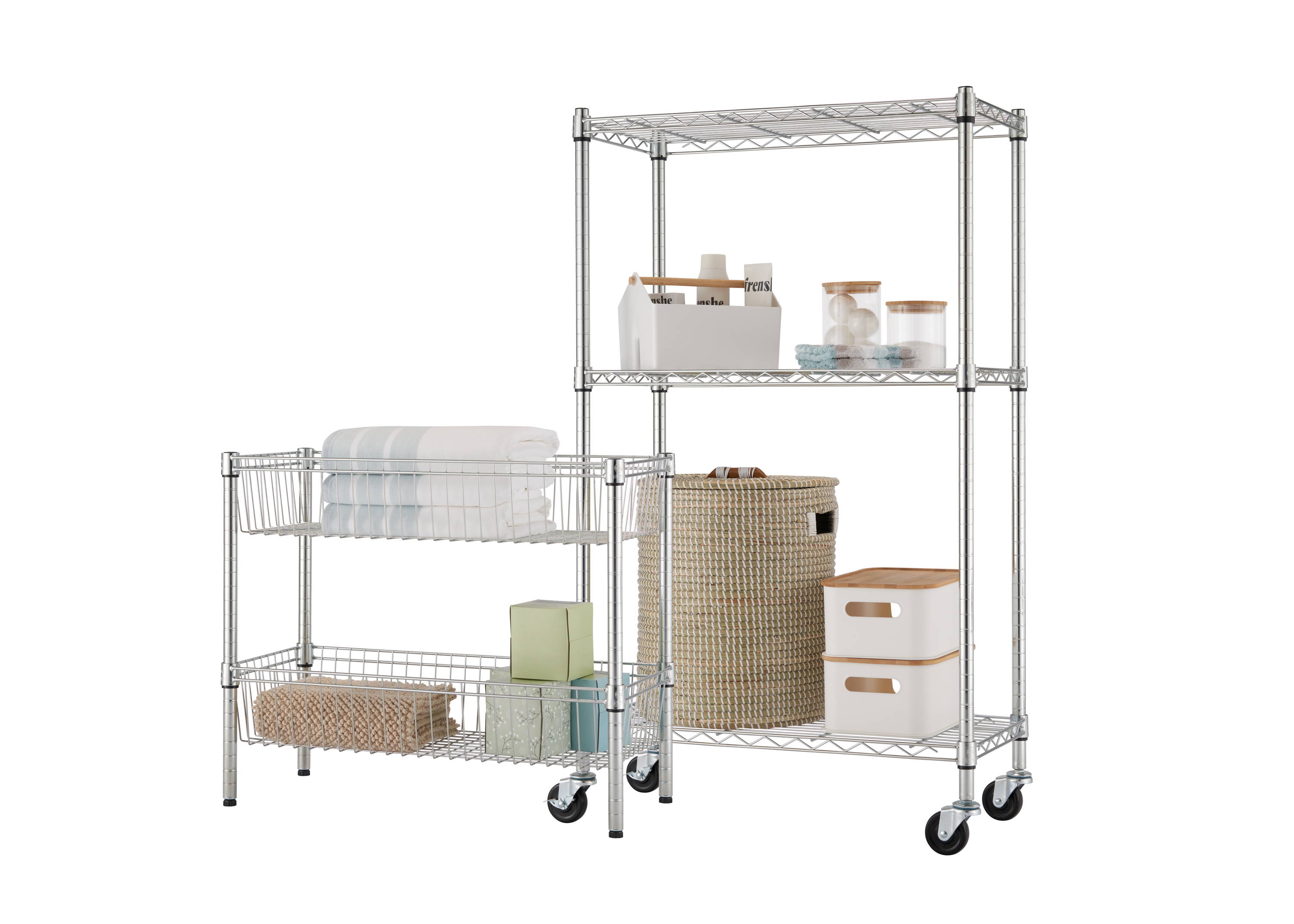 a 2-tier shelves and a 3-tier shelves - both with product on shelves