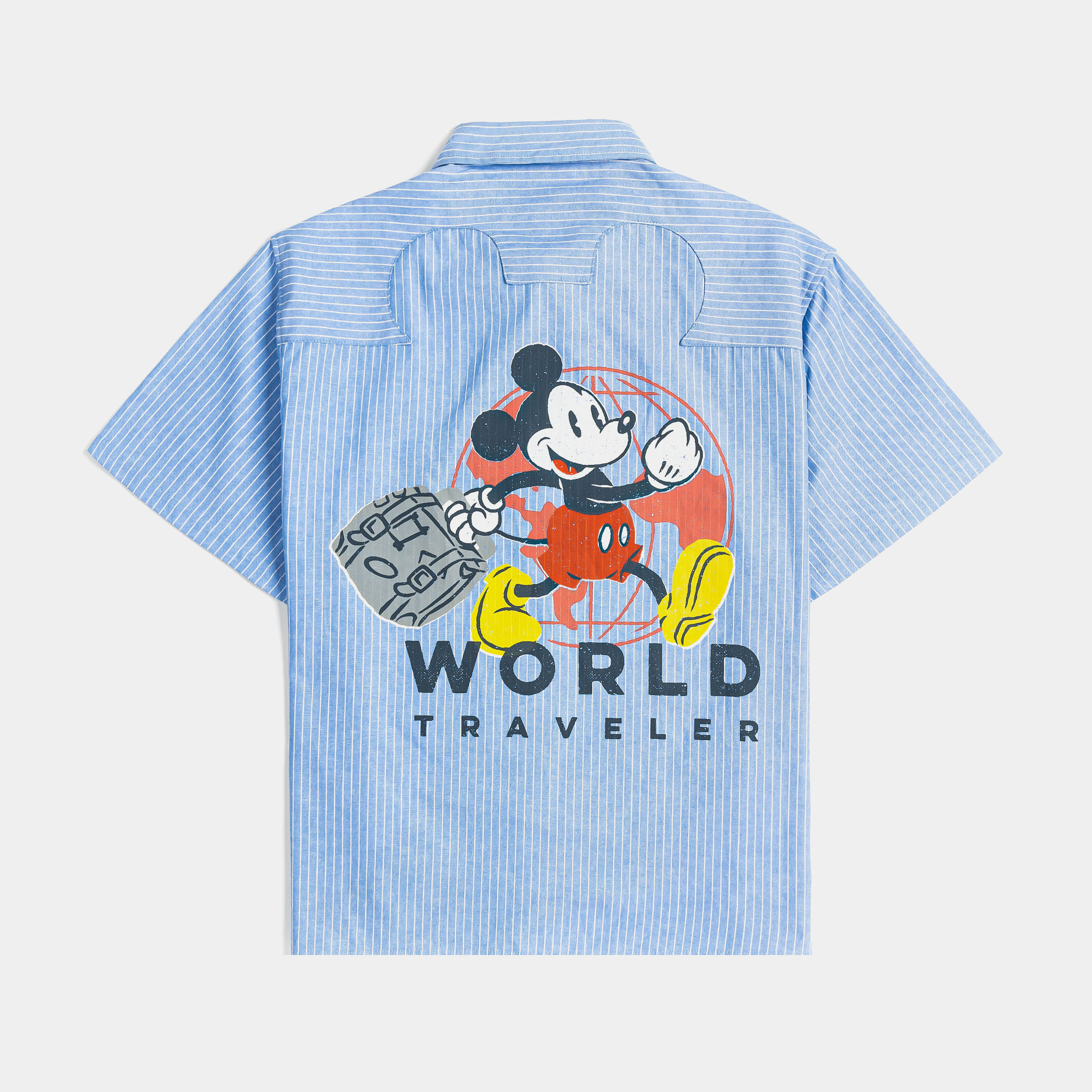 Blue short-sleeve shirt featuring Mickey Mouse designs and text.