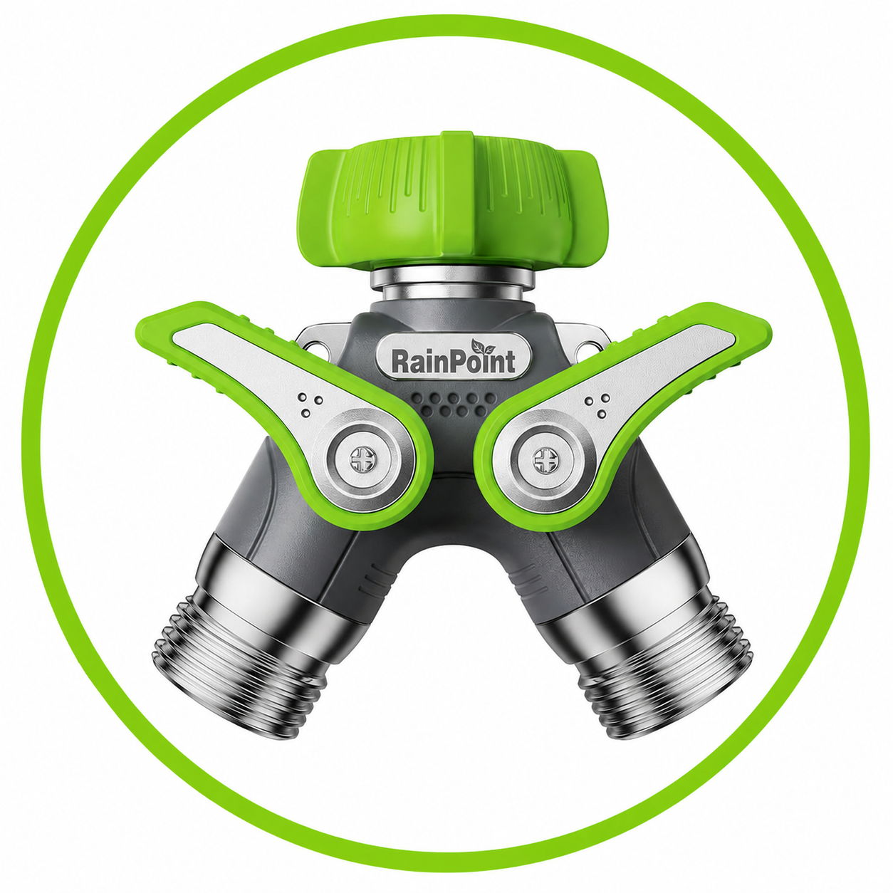 Green and gray hose splitter with two outlets and a control knob.