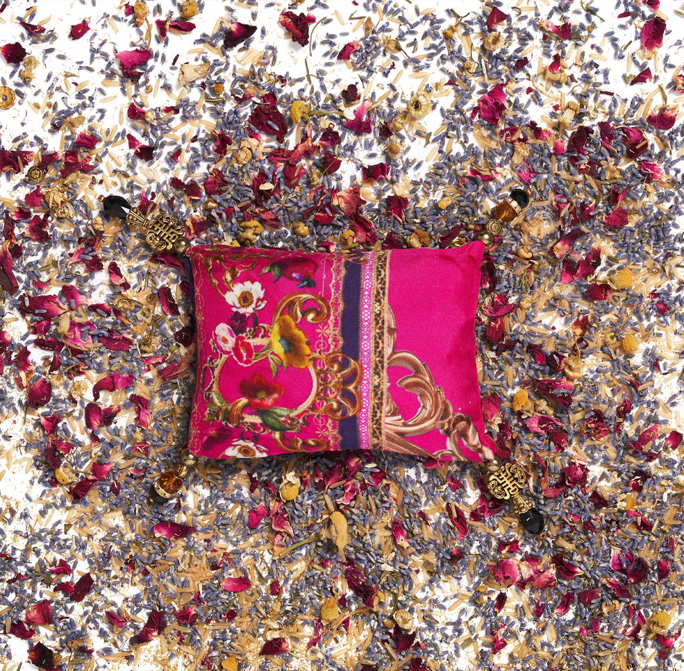 CAMILLA pink printed lavender bag with dried florals scattered around