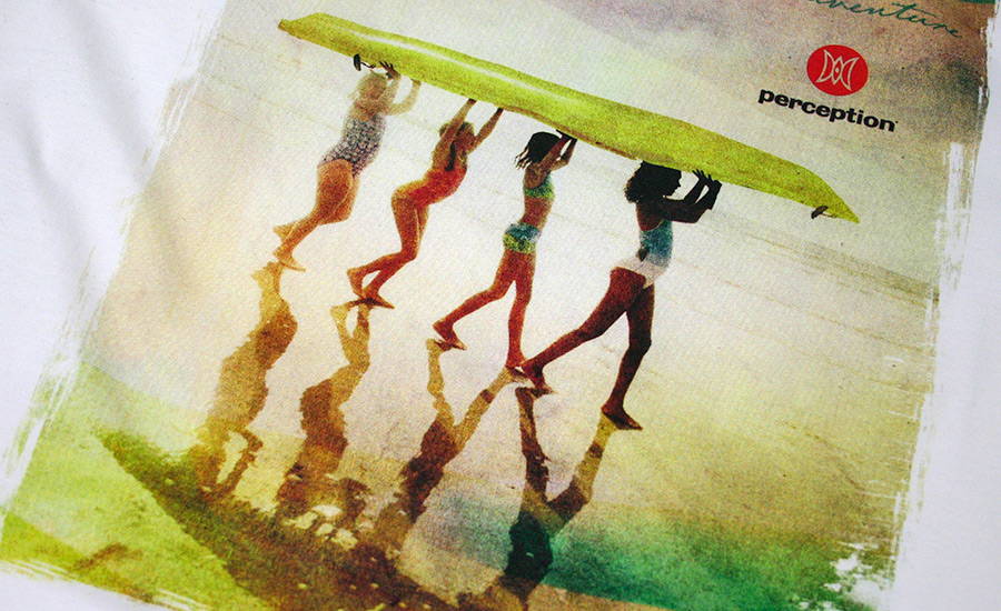 CMYK process screen print of a side profile photo of four girls in bathing suits carrying a yellow kayak over their heads accross a beach, with a subtle background glow casting shadows of the girls and kayak in the foreground. The image has a vintage photography style filter with subtle grain and green and yellow stains & textures.
