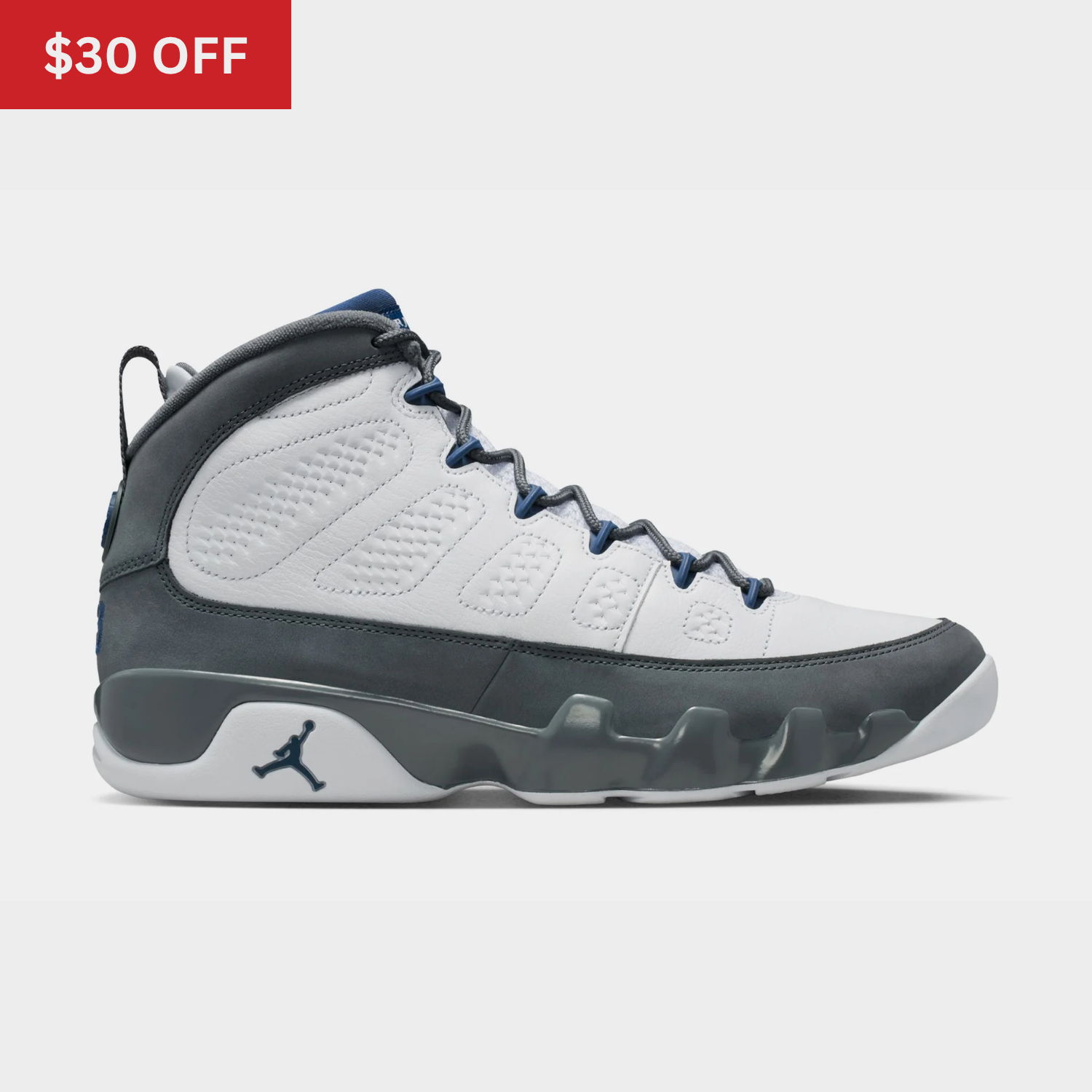 White and gray athletic shoes with a blue accent.