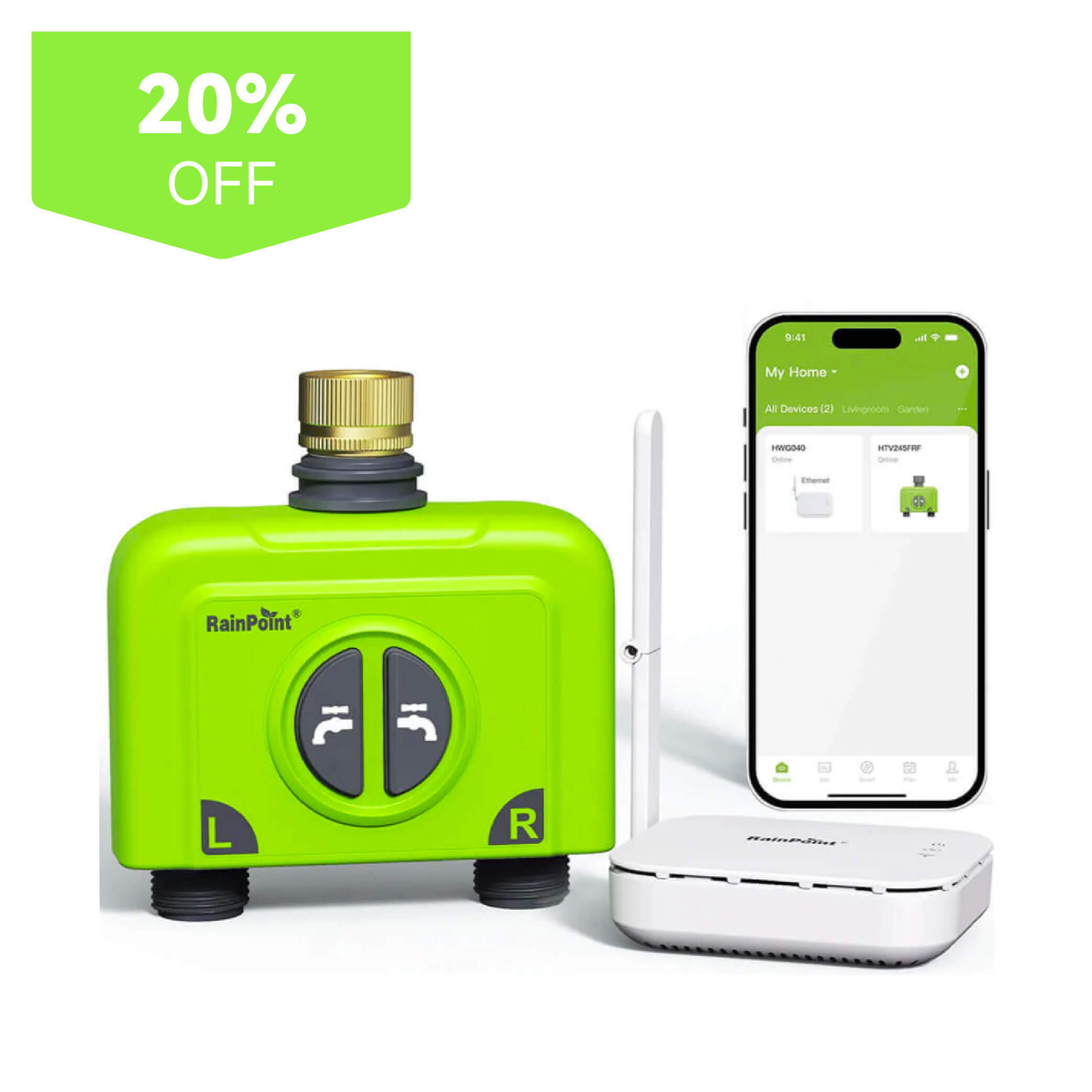 Green device with controls, smartphone, and discount label.