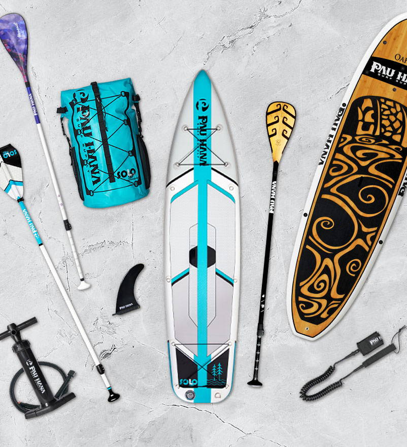A range of different paddleboarding equipment
