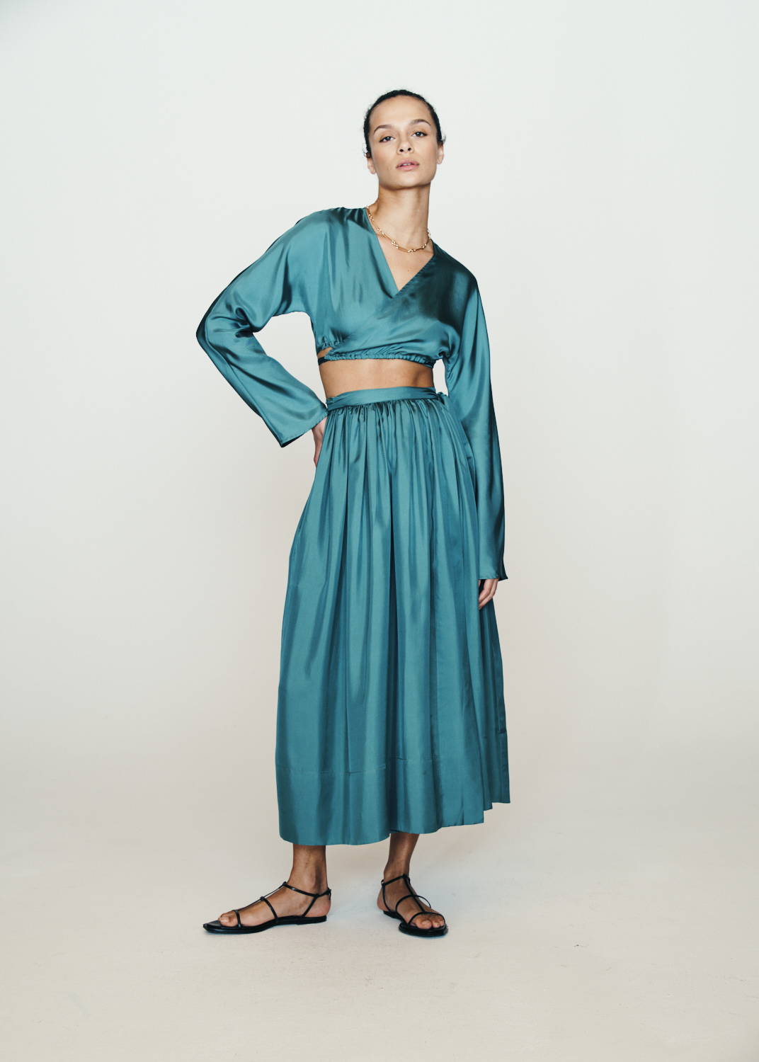lake blue teal silk maxi skirt and lake blue teal silk wrap top 